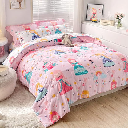 Wajade Kids Pink Princess Comforter Set Bed in A Bag Full Size 7 Piece Princess Fairy Tales Castle Bedding Set for Girl (1 Comforter, 1 Flat Sheet, 1 Fitted Sheet, 2 Pillowcase and 2 Pillow Sham)