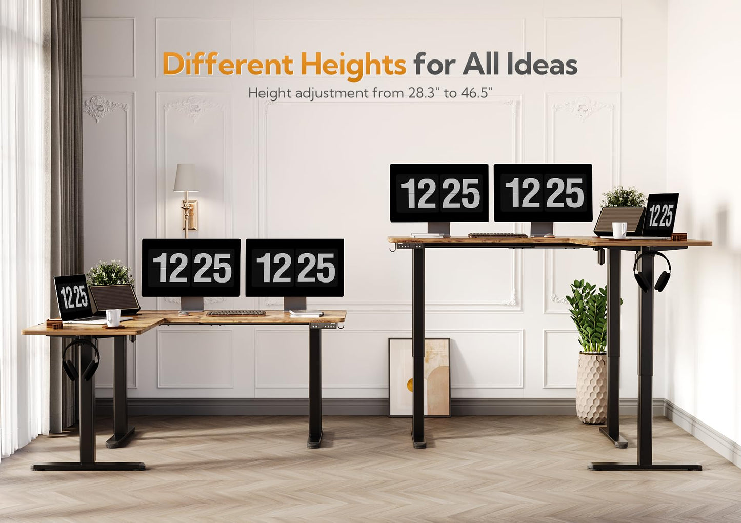Claiks L Shaped Standing Desk Adjustable Height, Dual Motor Electric Corner Standing Desk, 63x55 inch Sit Stand up Desk with Splice Board, White