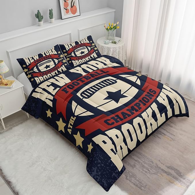 Datura home Football Comforter Sets for Boys Kids,Red Blue Theme Beige Football Championship,Duvet 3Pcs in Quilt Sets with 1 Comforter and 2 Pillowcases All Season(Red Twin)
