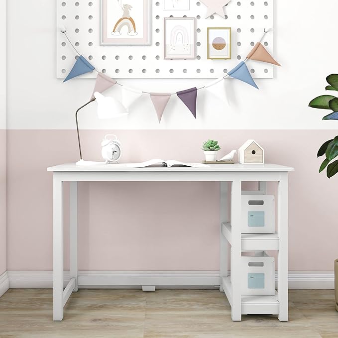 Max & Lily Solid Wood Desk With Shelves, 47 Inches, White
