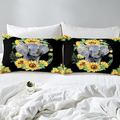 Elephant Comforter Set, Yellow Sunflower Down Comforter Queen Size for Kids Girls Teens Adult Bedroom Decor, African Safari Animal Duvet Sets Floral Petal Country Bedding Set with 2 Pillow Cases