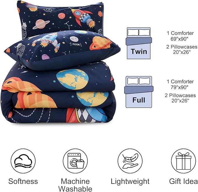 Aimuan Twin Comforter Set Kids Space Rocket Bedding Set Super Soft & Cute Aliens UFO Printed for Teen Boys Girls (Navy, Twin)
