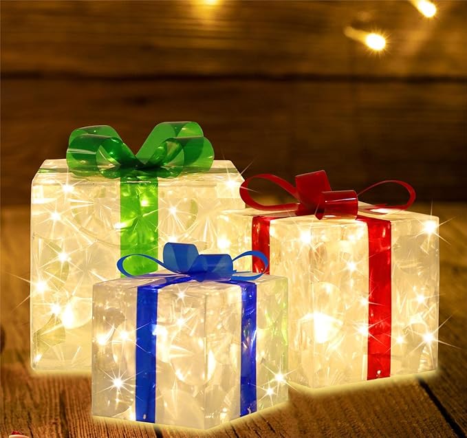 [Large 8.5"x7"x6" Christmas Set of 3 Lighted Gift Boxes Decorations Pre-lit 70 Super-Bright LED with Flashers,for Indoor Outdoor Christmas Tree Skirt Ornament Pathway Holiday Party Home