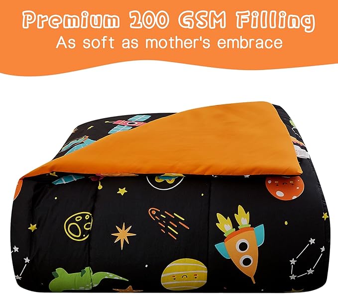 Space Dinosaur Kids Comforter Set for Boys Full Size, Cute Reversible Quilted Black Printed Bedding Set with Pillow Sham, Lightweight Soft Breathable Washable Bed Set 3 Piece
