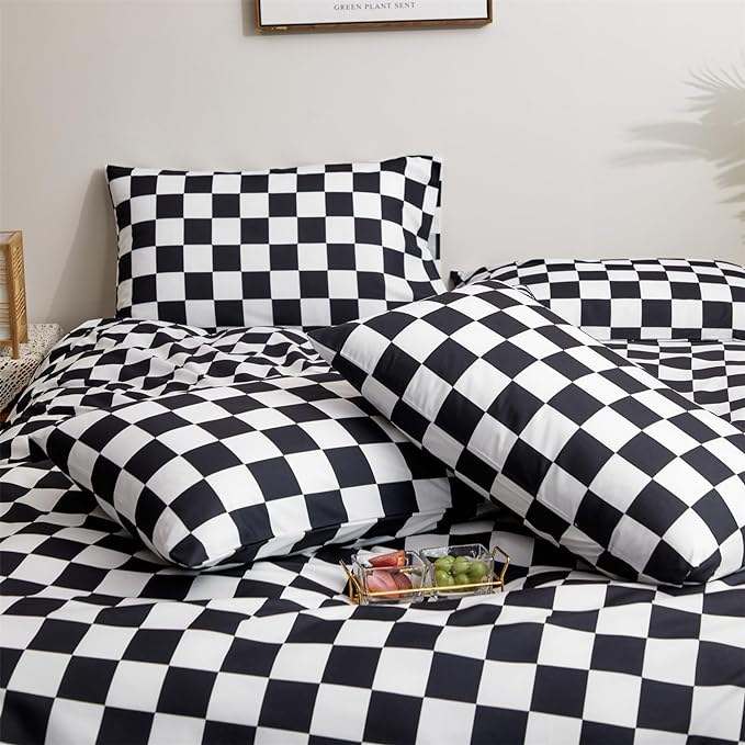 Black White Grid Comforter Set Cal King Black Plaid Bedding Set Women Black and White Checkered Bed Comforter Set Breathable Blanket Set Men Durable Bedding Comforter Set