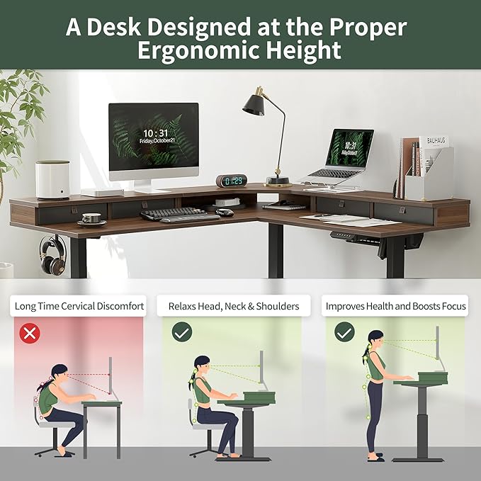 FEZIBO 63" L Shaped Standing Desk with 4 Drawers, Electric Standing Gaming Desk Adjustable Height, Corner Stand up Desk with Splice Board, Black Frame/Black Walnut Top