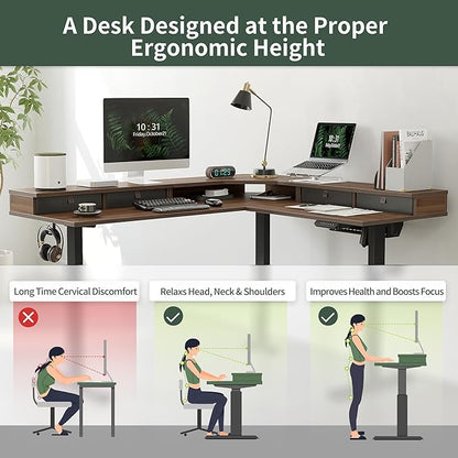 FEZIBO 63" L Shaped Standing Desk with 4 Drawers, Electric Standing Gaming Desk Adjustable Height, Corner Stand up Desk with Splice Board, Black Frame/Black Walnut Top