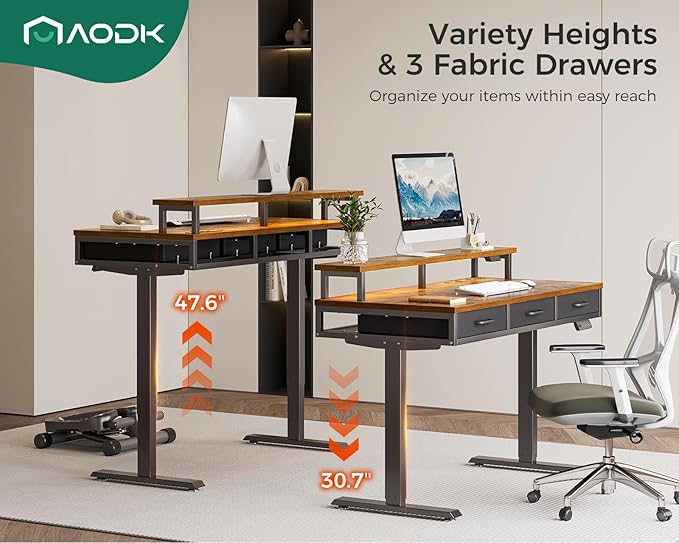 AODK 55 Inch Electric Standing Desk with 3 Drawers, Brown, Height Adjustable Desk with Power Outlets & LED Lights, Stand Up Desk with Monitor Shelf, Sit Stand Desk Computer Workstation