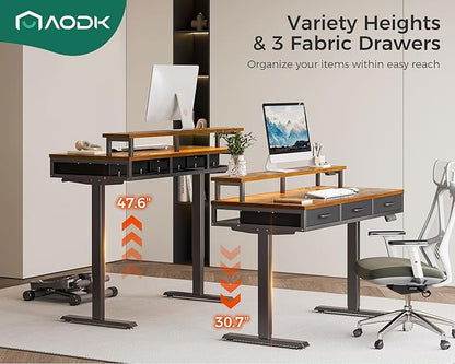 AODK 55 Inch Electric Standing Desk with 3 Drawers, Brown, Height Adjustable Desk with Power Outlets & LED Lights, Stand Up Desk with Monitor Shelf, Sit Stand Desk Computer Workstation