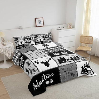 Deer Bear Comforter Set Full Size,Pine Trees Christmas Bedding Set for Kids Boys Girls Adults Room Decor,Camping Adventure Rustic Farmhouse Down Comforter,Black Retro Duvet Insert,2 Pillowcases