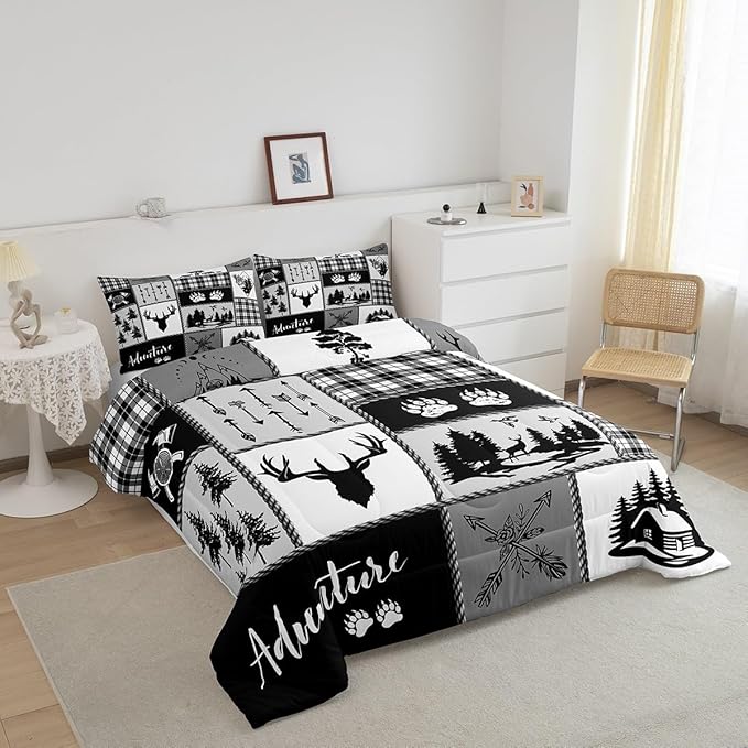 Deer Bear Comforter Set Queen Size,Pine Trees Christmas Bedding Set for Kids Boys Girls Adults Room Decor,Camping Adventure Rustic Farmhouse Down Comforter,Black Retro Duvet Insert,2 Pillowcases