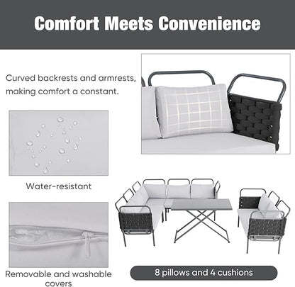5-Piece Outdoor Patio Sectional L-shaped Sofa Set, Woven Rope Conversation Furniture with Loveseat, Corner Couch, Glass Coffee Table and Removable Cushions, Onesize, Black+Gray