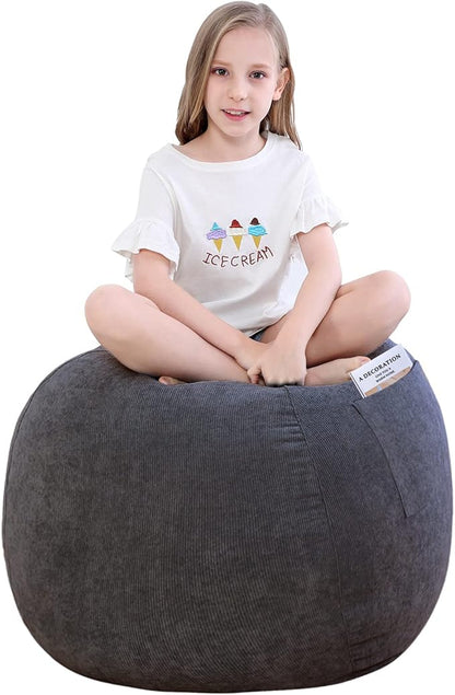 Stuffed Animal Storage Bean Bag Chair Cover (No Filler) for Kids and Adults.Soft Premium Corduroy Stuffable Beanbag for Organizing Children Plush Toys or Memory Foam Small 100L (Dark Grey)