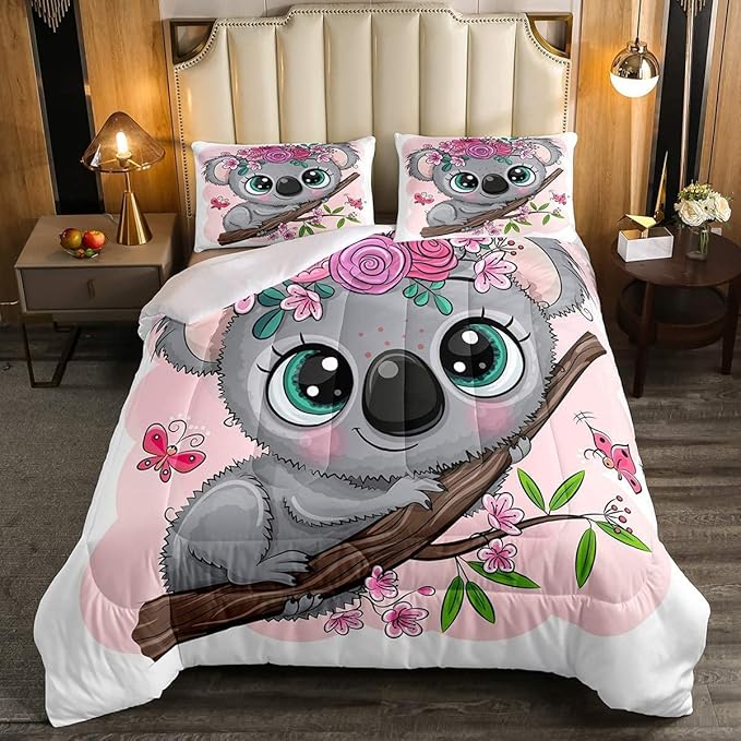 Erosebridal Cartoon Koala Comforter Set King Size, Cute Koala Bedding Set, Cherry Blossom Rose Quilted Duvet for Kids Baby Toddler, Nursery Quilt Set, Butterfly Branch Leaves Duvet Set