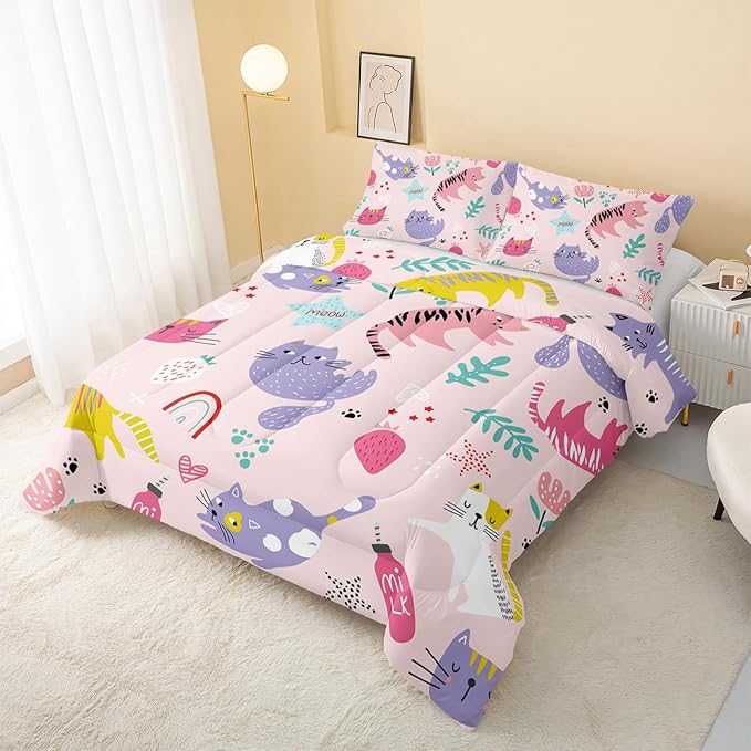 Kawaii Cats Comforter Full Size,Pink Cats Kids Comforter Set,3Pcs Bedding Set Printed Comforter with 2 Pillowcases,Down Alternative,Soft and Lightweight,for All Seasons