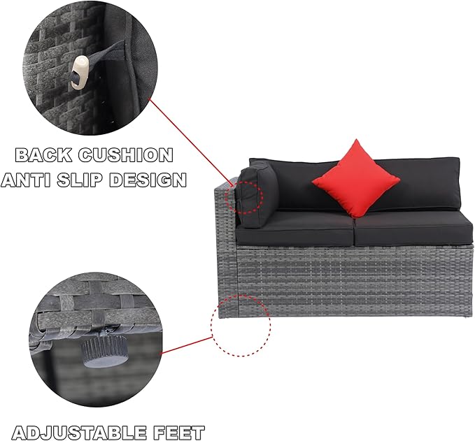 5-Pieces Patio Furniture Set with Coffee Table and 2 Pillows, PE Rattan Outdoor Conversation Sectional Sofa Seating Goup for Balcony Front Porch Backyard Law, Grey Wicker+Black Cushion