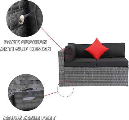 5-Pieces Patio Furniture Set with Coffee Table and 2 Pillows, PE Rattan Outdoor Conversation Sectional Sofa Seating Goup for Balcony Front Porch Backyard Law, Grey Wicker+Black Cushion