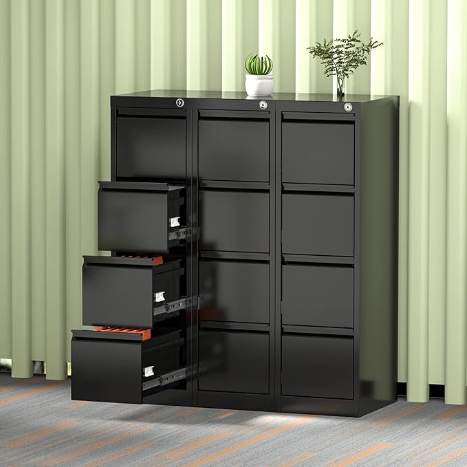 4 Drawer File Cabinet, Vertical Filing Cabinets with Lock, Metal File Cabinets for Home Office A4 Letter/Legal Size, Assembly Required