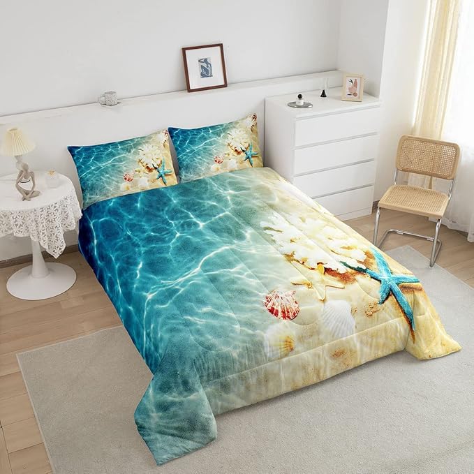 Ocean Comforter Set King Beach Bedding Coastal Nature Theme Pattern Teal Duvet Set Boys Girls Hawaiian Quilt Sets Sea Wave Animals Starfish Reversible Comforter Set 2 Pillowcases, Blue Room Decor
