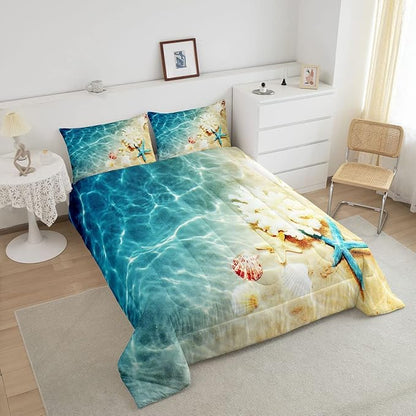 Ocean Comforter Set King Beach Bedding Coastal Nature Theme Pattern Teal Duvet Set Boys Girls Hawaiian Quilt Sets Sea Wave Animals Starfish Reversible Comforter Set 2 Pillowcases, Blue Room Decor