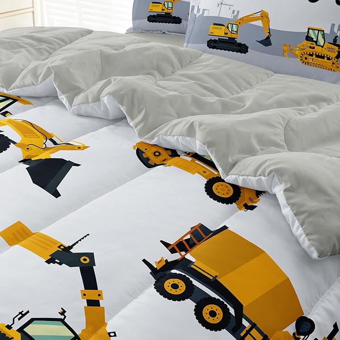 4-Pcs Construction Twin Size Boys Bedding Set, Kids Comforter Set for Teens with Sheets and Pillowcase, Soft Grey Tractor Cars Bed in a Bag Sets
