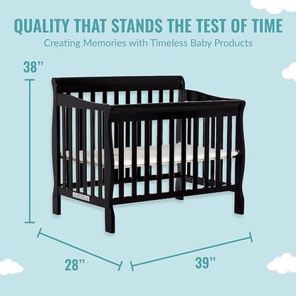 Aden 4-in-1 Convertible Mini Crib in Black, Greenguard Gold Certified, Non-Toxic Finish & Sunset 3” Extra Firm Fiber Crib Mattress, Greenguard Gold Certified