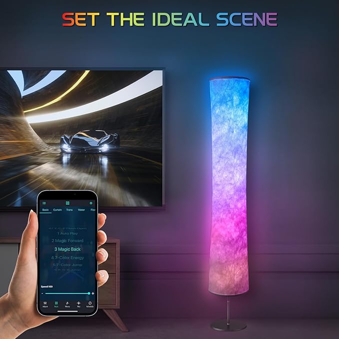 Torchlet Modern Floor Lamp, RGB Color Changing Led Smart Lamp Alexa APP Control with DIY Mode, Music Sync and White Fabric Shade, Standing Lamp for Living/ Game Room Bedroom