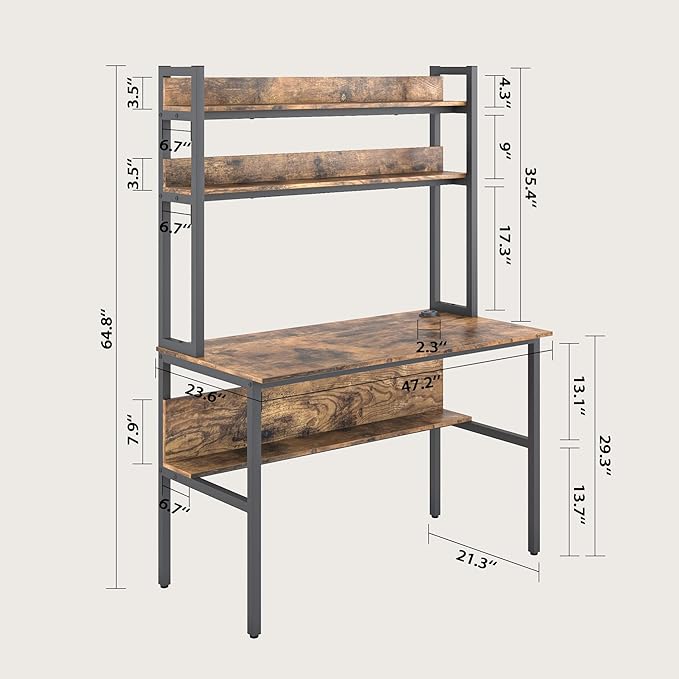 47 Inch Computer Desk with Desktop Wireless Charger, Home Office Desk with Bookshelf, Writing Desk with Storage Shelves for Home Office, Craft Table with Hutch Rustic