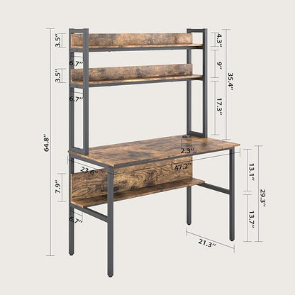 47 Inch Computer Desk with Desktop Wireless Charger, Home Office Desk with Bookshelf, Writing Desk with Storage Shelves for Home Office, Craft Table with Hutch Rustic