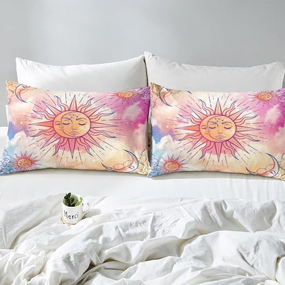 Sun and Moon Comforter Set Full Stars Constellation Galaxy Bedding Set,Pink Blue Pastel Clouds Tie Dye Comforter For Kids Girls Women Boho Hippie Psychedelic Celestial Astrology Quilt Duvet Set 3 Pcs