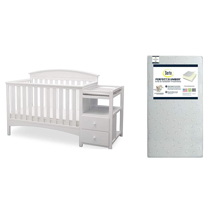 Delta Children Abby Convertible Crib 'N' Changer, Bianca + Serta Perfect Slumber Dual Sided Recycled Fiber Core Crib and Toddler Mattress (Bundle)