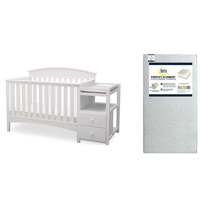 Delta Children Abby Convertible Crib 'N' Changer, Bianca + Serta Perfect Slumber Dual Sided Recycled Fiber Core Crib and Toddler Mattress (Bundle)