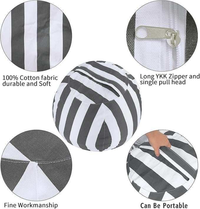 2 PCS Stuffed Animal Storage Bean Bag Chair Cover, Cotton Canvas Beanbag with Zipper for Organizing Kid's and Adults Room Vertical Stripe Grey 24"