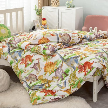 Feelyou Kids Dinosaur Comforter Set King Size Boys Girls Watercolor Cute Dino Bedding Set Ultra Soft Lightweight Jungle Animal Pattern Comforter for Children (1 Comforter + 2 Pillowcases, King)