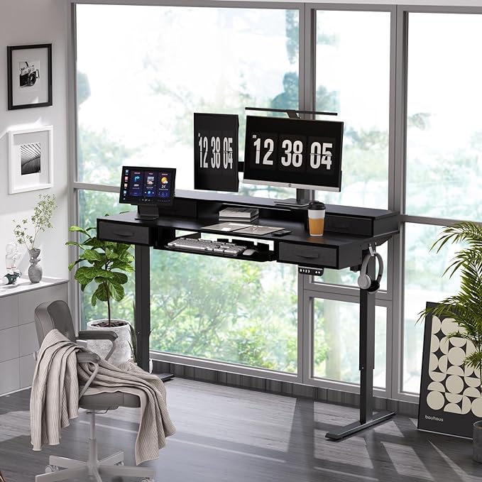 Electric Standing Desk, 55 Inches Height Adjustable Desk with Monitor Shelf, Large Sit Stand Desk with Drawers, Smart Home Office Computer Desk, Classic Black