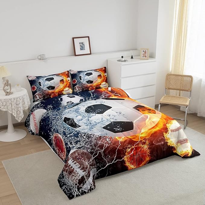 Erosebridal Boys Soccer Bedding Set Football Sports Twin Comforter Set for Kids Teens Youth Bedroom Decor Lightning Baseball Quilt Duvet Water Fire Basketball Comforter with 1 Pillow Case Red Blue