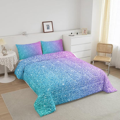 Colorful Glitter Bedding Queen Girly Turquoise Teal Blue Pink Pastel Girls Comforter Set 3 Pcs Trendy Quilt Duvet for Kid Women Down Comforter with Sparkle Sequin Pattern Bling Bedroom Decor Bed Cover