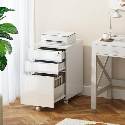 ChooChoo High Gloss File Cabinet with Lock,3 Drawer Rolling Filing Cabinet Fits Legal Size/A4/Letter, Under Desk File Cabinet with Hook for Home Office,White