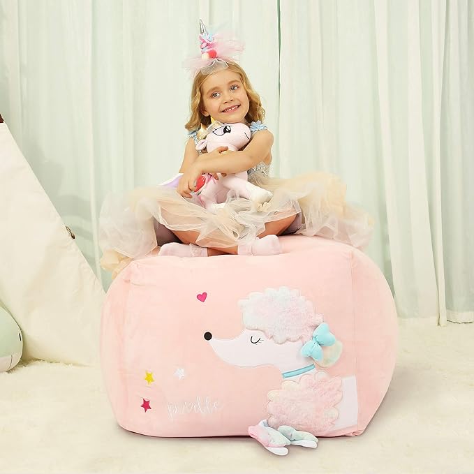 Kids Bean Bag Chairs Pink, Poodle Toy Organizers and Storage for Girls Bedroom, Velvet Fabric Super Soft Extra Large Cover Only