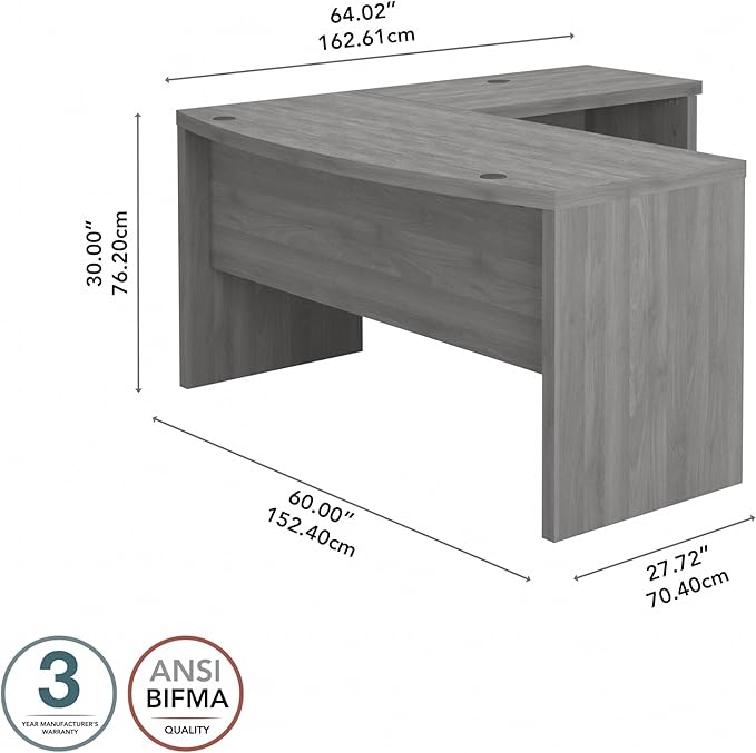Bush Business Furniture Echo L Shape Desk with Wire Management | Corner Bow Front Table for Home Office with Quick-to-Assemble Hardware, 60W, Modern Gray
