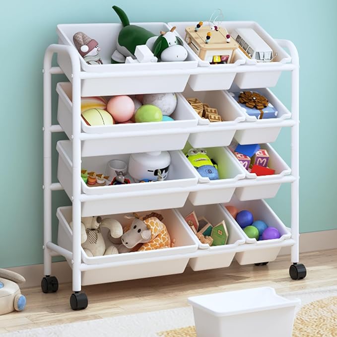 Kids Toy Storage Organizer with 12 Plastic Bins, 4-Tier Metal Toy Storage Rack, Metal Toy Organizer with Storage Bins for Kids Room, Playroom and Nursery, White
