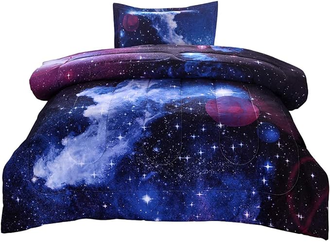 JQinHome Twin Galaxy Comforter Sets Blanket, 3D Outer Space Themed Bedding, All-Season Reversible Quilted Duvet, for Children Boy Girl Teen Kids - includes 1 Comforter, 1 Pillow Sham (Dark Blue)