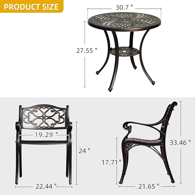 DWVO 5 Piece Outdoor Furniture Cast Aluminum Patio Dining Sets, All-Weather Patio Bistro Sets with 4 Chairs, 30 Inches Round Table with Umbrella Hole, Adjustable Feet for Balcony Backyard Deck Garden