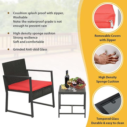 FDW Patio Furniture Sets 3 Piece Outdoor Bistro Set Wicker Patio Chairs Rattan Outdoor Furniture for Backyard Porch Poolside Lawn,Red Cushion