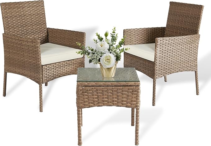 3 Pieces Patio Set Balcony Furniture Sets for Apartments.Bistro Furniture Set, Conversation Sets with Coffee Table, for Porch, Patio, Garden and Removable Cushions Beige