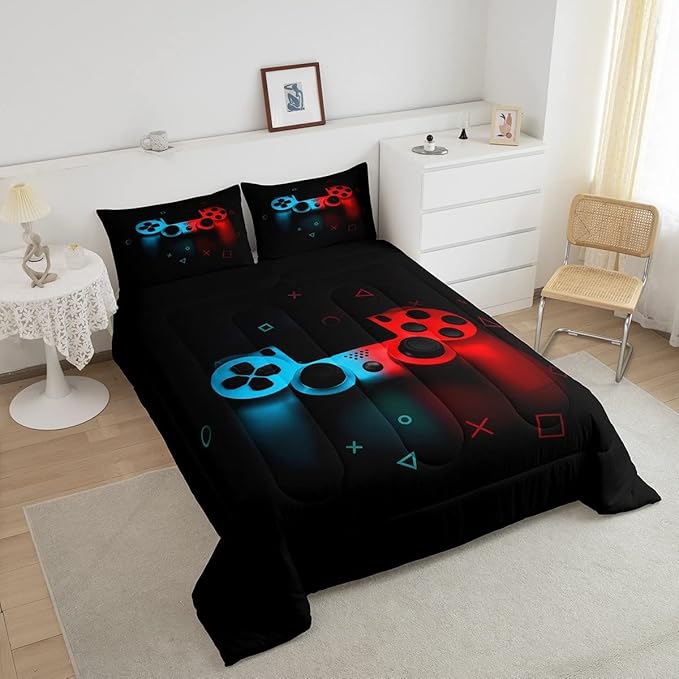 Erosebridal Boys Gamepad Comforter Set King,Play Gamer Bedding Set Kid Young Man Video Games Down for Teen Child Game Room Decor Black Classic Retro Gaming Quilt Duvet Set with Controller Button