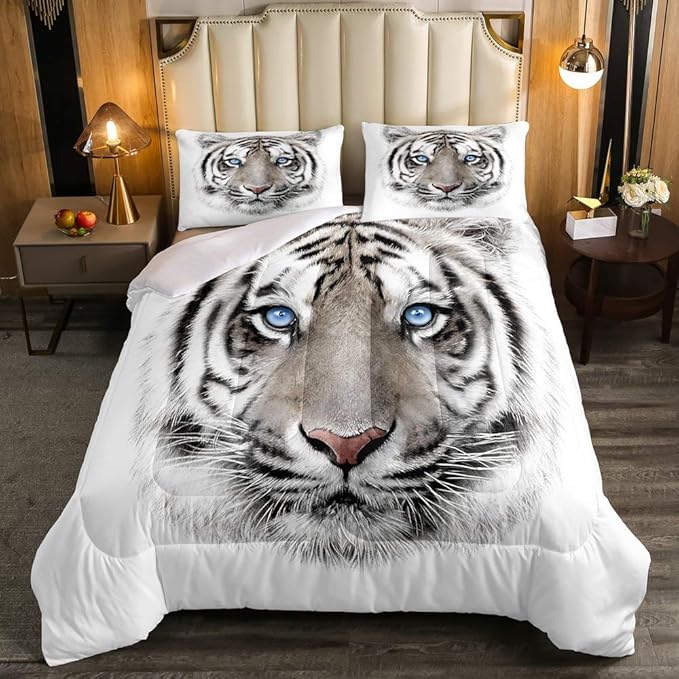 Erosebridal Kids Tiger Comforter Set Full Size, Wild Animal Down Comforter for Boys Girls Teens Adult Bedroom, Grey Tiger Skin Duvet Insert Black White Stripe Bedding Comforters for Bedroom Decor