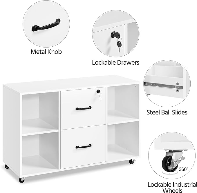 Yaheetech White File Cabinet Mobile Letter Size File Cabinet with 2 Drawers and 4 Open Storage Shelves Large Mobile Lateral Filing Cabinet Printer Stand for Home and Office