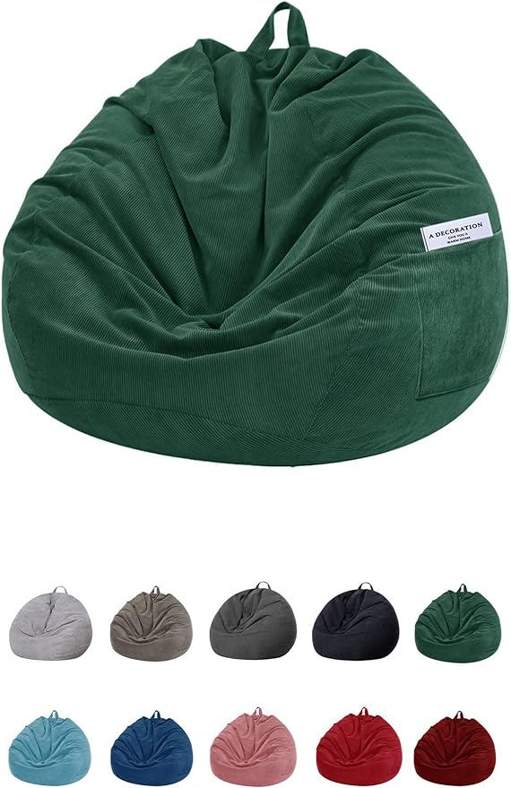 Stuffed Animal Storage Bean Bag Chair Cover (No Filler)for Kids and Adults.Soft Premium Corduroy Stuffable Beanbag for Organizing Children Plush Toys or Memory Foam Extra Large 300L (Green)