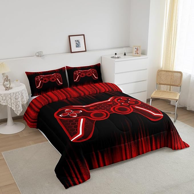 Feelyou Gamer Comforter Set Full Size Kids Game Controller Comforter for Boys Teens Red Black Bedding Set Gaming Duvet Set Room Decor Quilt Set